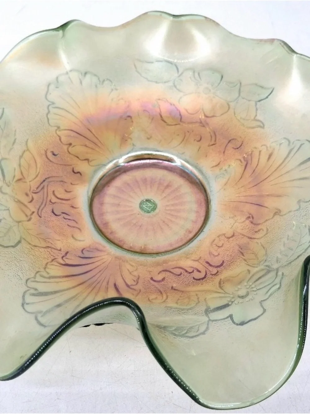 Antique Northwood Green Carnival Glass Blossom and Palm Ruffled Iridescent Bowl